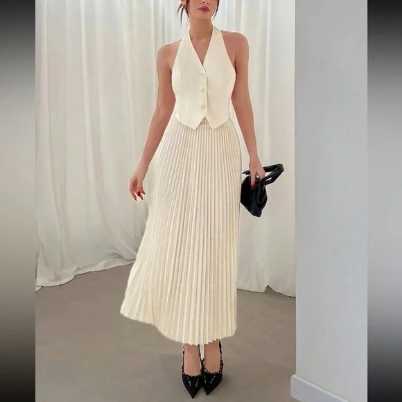 Matching 2 piece co-ord set - Ivory/cream Halter top vest & pleated midi skirt - Picture 2 of 6